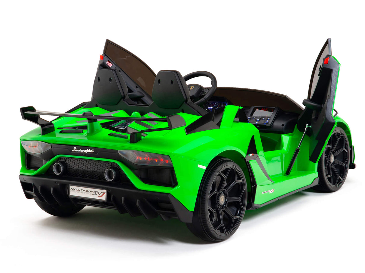 The Upgrade Your Ride with the Official 24v Lamborghini SVJ Drifting Kids Ride on Car boasts a vibrant green body, scissor doors, and detailed interior. It resembles an Aventador with its sporty design and black wheels. Dual HP motors offer thrill, while a parental remote ensures safety.