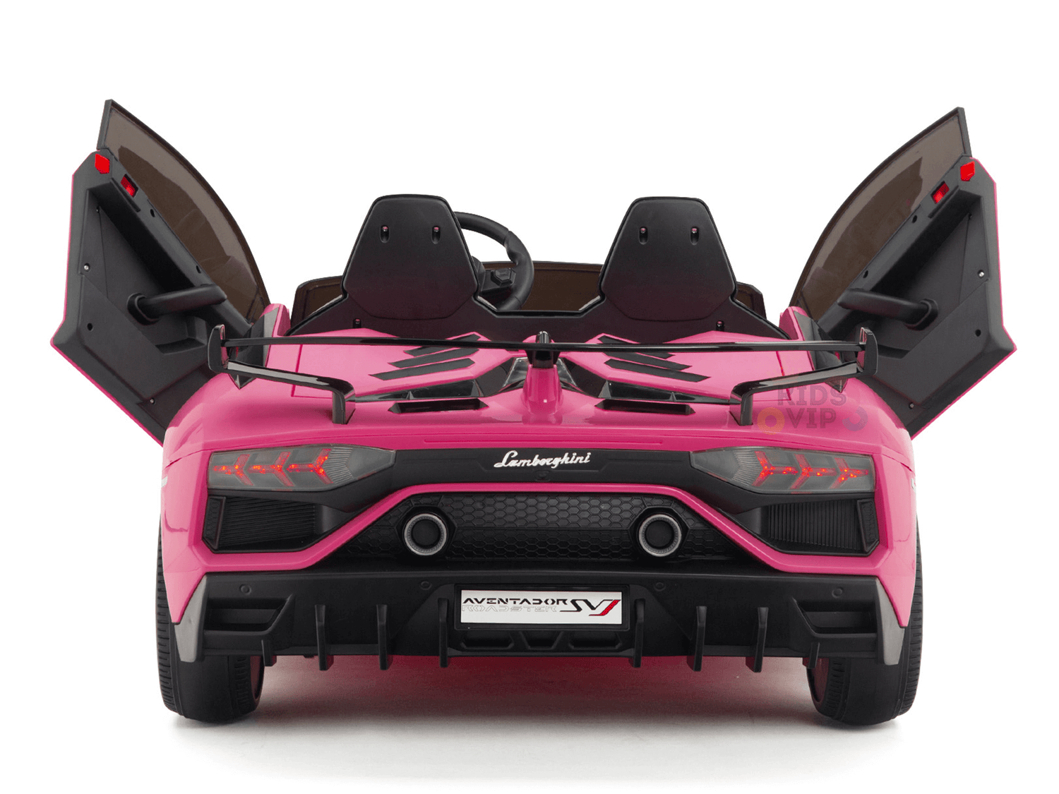 The Upgrade Your Ride with the Pink 24v Lamborghini SVJ Drifting Kids Ride on Car features open scissor doors, a detailed rear design with a black bumper, red taillights, and the iconic logo. The license plate reads AVENTADOR SV, perfect for thrilling adventures.