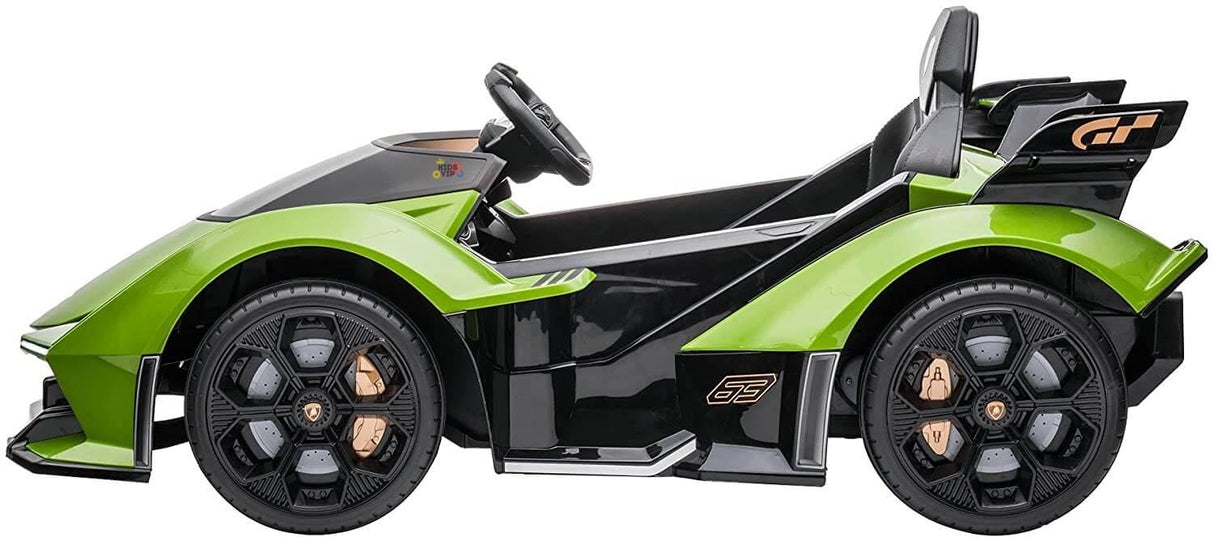 The Green 12V Official Lamborghini Vision GT Kids Ride-On Car features a sporty design with large wheels, a racing-style seat, a steering wheel, and a GT logo on the side, offering hours of fun.