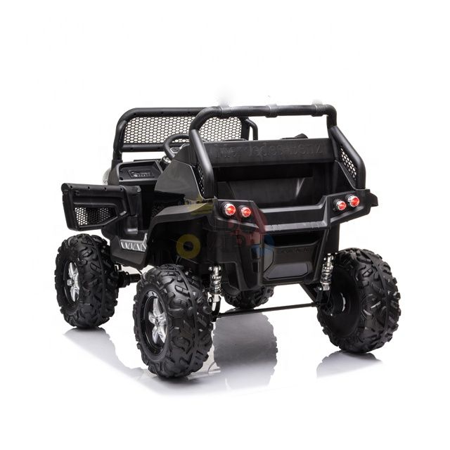 The Black Official 12V Mercedes Unimog Junior 4X4 Kids Ride-On UTV with Remote Control is displayed from the rear; its robust design features large tires, taillights, and a small cargo area on a plain white background.