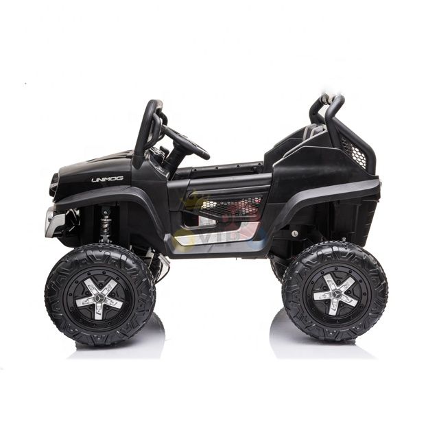 The Black Official 12V Mercedes Unimog Junior 4X4 Kids Ride On UTV features a rugged, off-road ATV design with large tires and a steering wheel. It resembles a small black toy car powered by a 12V battery and includes LANDOS branding.