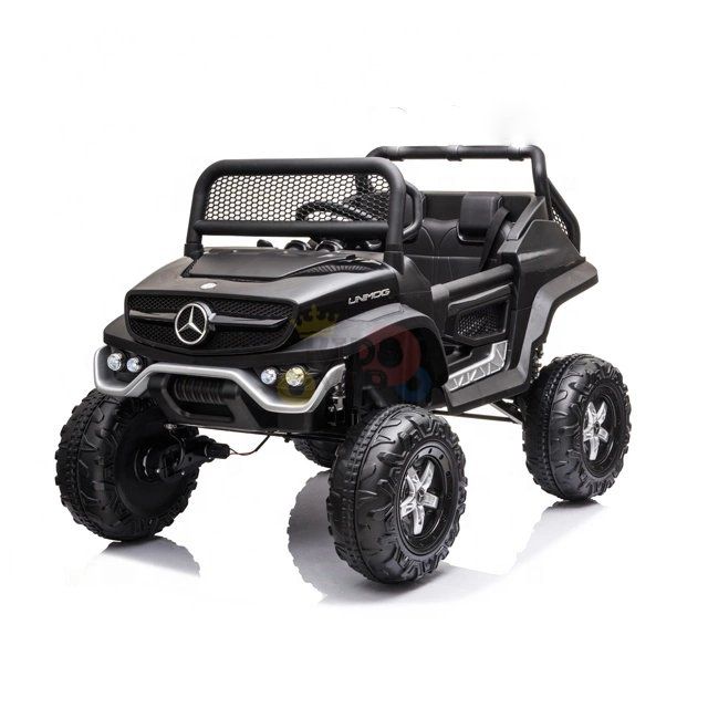 The Black Official 12V Mercedes Unimog Junior 4X4 Kids Ride On UTV with Remote Control is a mini-SUV featuring large wheels, a front grill with the iconic Mercedes logo, side mirrors, an open-top design, and the rugged off-road charm typical of a Mercedes.