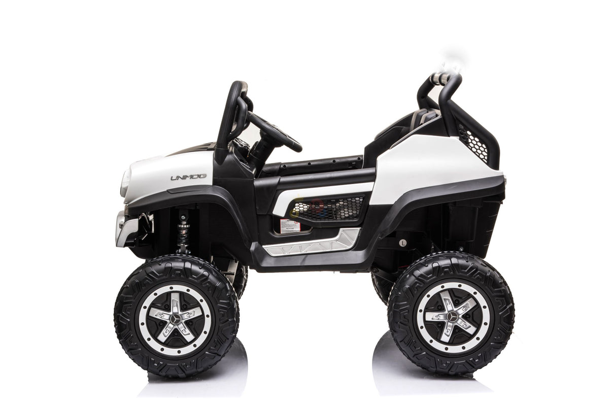 The White 12V/4X4 Official Mercedes Unimog Junior Ride On UTV is a childrens electric SUV-style toy car with large rugged tires, a sleek design, steering wheel, detailed interior, and roll bars. Its perfect for adventurous young drivers and includes remote control functionality.
