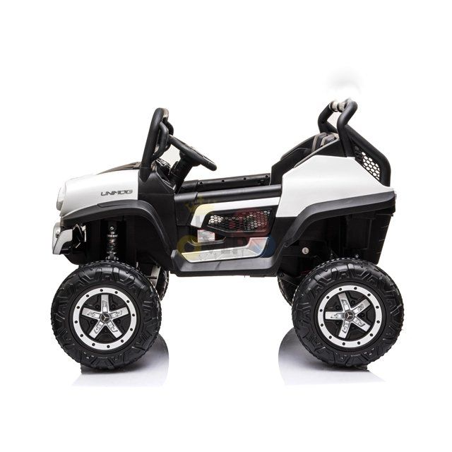 Introducing the White 12V/4X4 Official Mercedes Unimog Junior Ride On UTV, a stylish kids vehicle with large black wheels and a sleek black and white design featuring a realistic steering wheel, perfect for adventure-loving children.