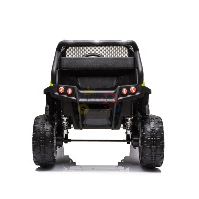 The white 12V/4X4 Official Mercedes Unimog Junior Ride On UTV boasts a rear mesh-like barrier, suspension, large off-road tires, and four red lights. Its perfect for kids and offers a remote control option for added fun.