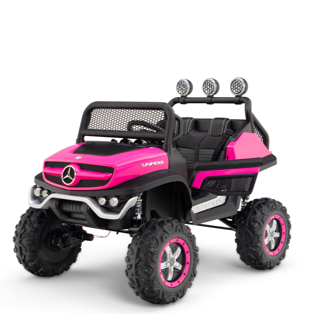 Meet the Pink 12V/4X4 Official Mercedes Unimog Junior Ride On UTV, a kids car resembling an off-road vehicle with rugged tires, a silver grille emblem, overhead lights, and a netted windshield. Ideal for little explorers seeking adventure!.