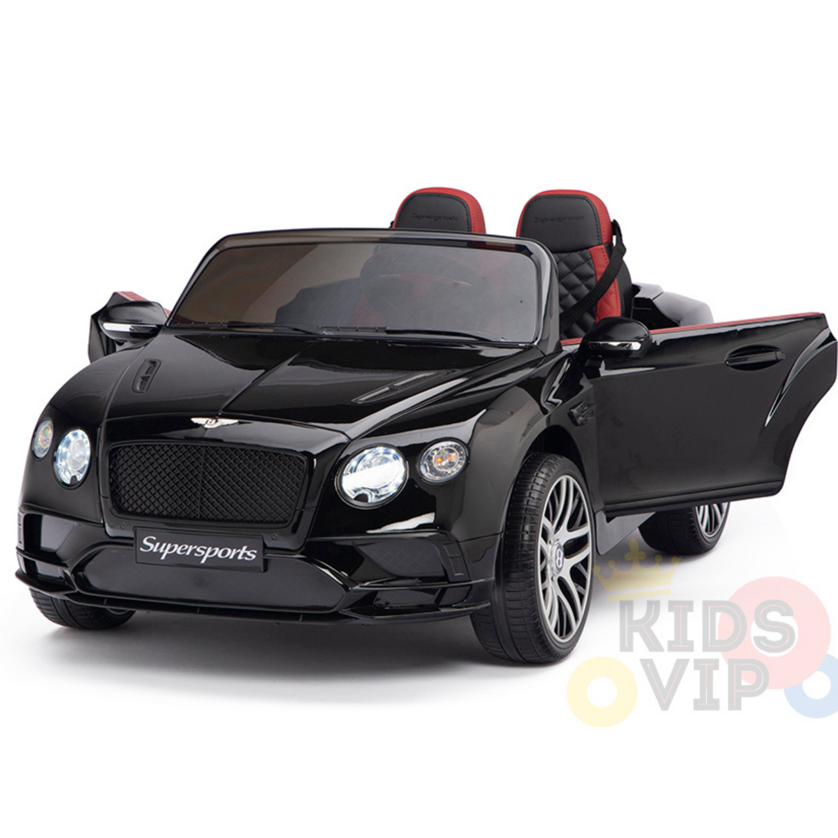 A sleek Black 12V Bentley GTC Kids Licensed Ride-On Car features red and black seats, an open drivers door, and a Supersports label on the front. Realistically detailed with rubber wheels and a remote, its perfectly parked on a white background.