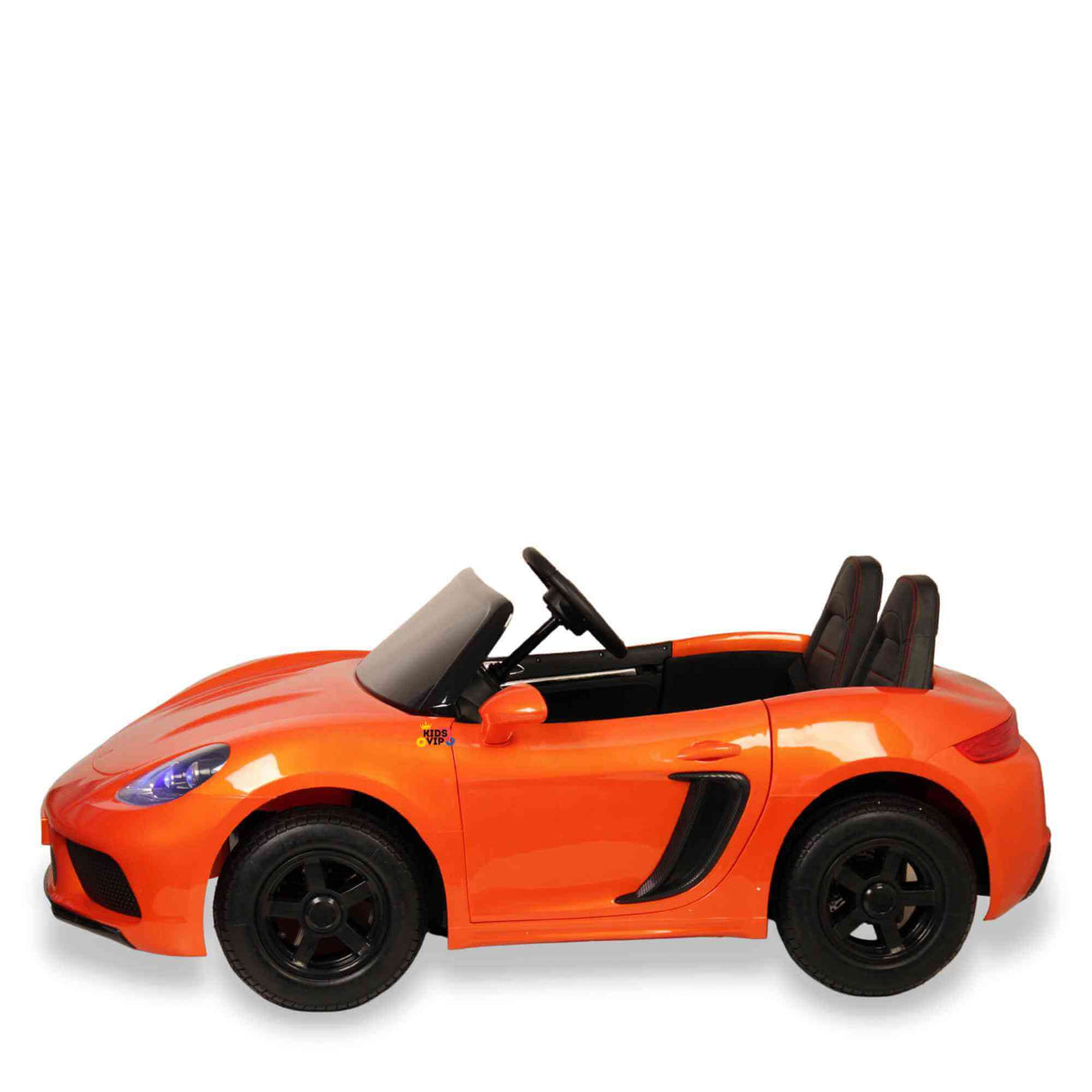 The Orange 24V XXL SuperSport Big Kids Ride On Car boasts a sleek design with black wheels, a windshield, two black seats, and minimal detailing. It features a powerful 180W brushless motor and real tires, set against a plain white background.