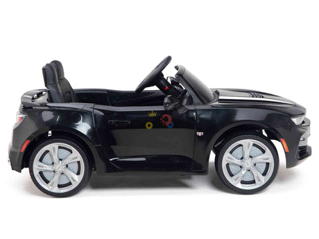 The Black Official Sport 12V Chevrolet Camaro Kids and Toddlers Ride-on Car features a convertible design, silver rims, EVA rubber wheels, a detailed interior with a steering wheel, and an ECO leather seat. This sleek side view presents the toy as a sporty vehicle.