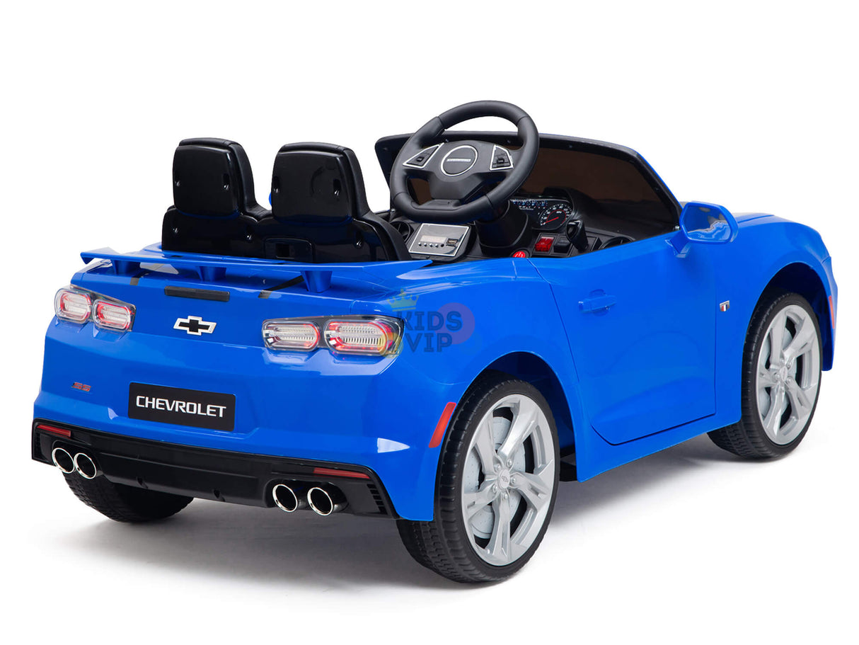 The Blue Official Sport 12V Chevrolet Camaro Kids and Toddlers Ride on Car, set against a white background, showcases realistic features like a steering wheel, dashboard, two seats, side mirrors, and rear lights for an authentic toy car experience.