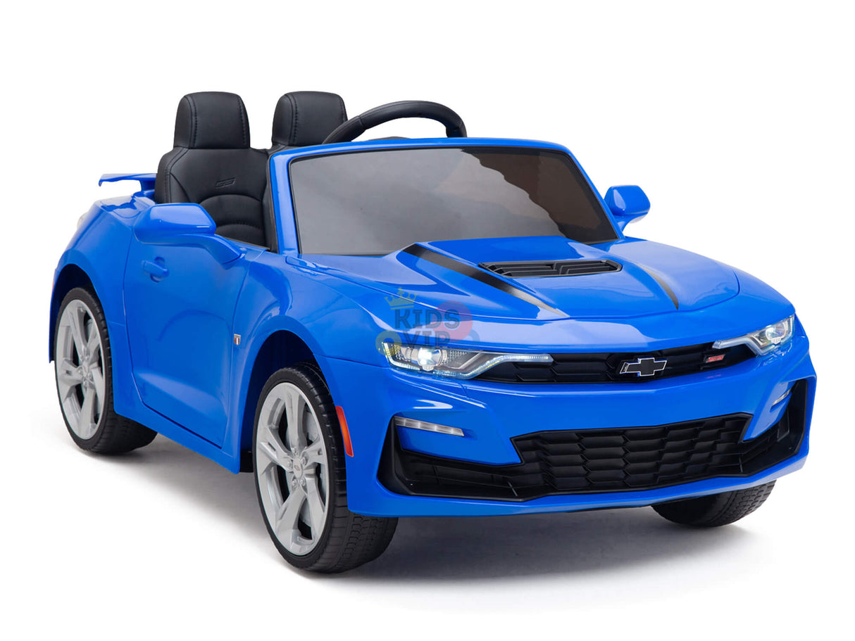 The Blue Official Sport 12V Chevrolet Camaro Kids and Toddlers Ride-on Car features black seats, silver wheels, a steering wheel, side mirrors, and Bluetooth connectivity, offering a sleek design against a plain white backdrop.
