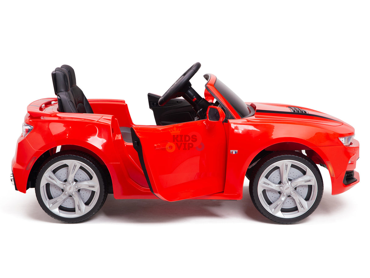 The Red 12V Official Sport Chevrolet Camaro Kids and Toddlers Ride-on Car features open doors, a black seat, steering wheel, and shiny silver wheels. Ideal for stylish young drivers, it offers safety and fun with a remote control for extra ease of use.