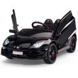The Black 12V Lamborghini SVJ Sport Kids Ride-On features upward-opening doors, sleek design, detailed headlights, red-accented rubber wheels, and a remote control for safe fun against a pristine white backdrop.