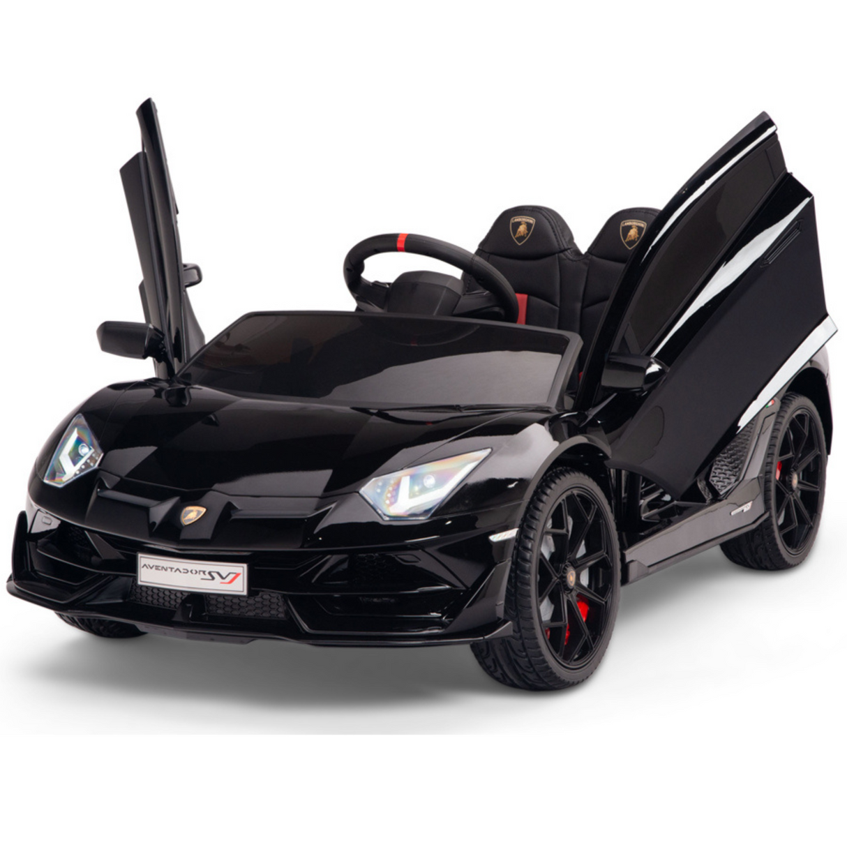 The Black 12V Lamborghini SVJ Sport Kids Ride-On features upward-opening doors, sleek design, detailed headlights, red-accented rubber wheels, and a remote control for safe fun against a pristine white backdrop.