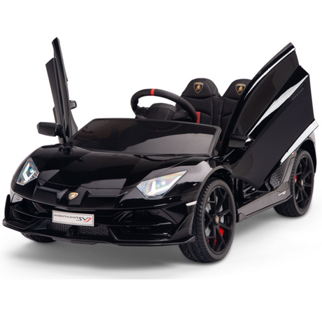 The Black 12V Lamborghini SVJ Sport Kids Ride-On features upward-opening doors, sleek design, detailed headlights, red-accented rubber wheels, and a remote control for safe fun against a pristine white backdrop.