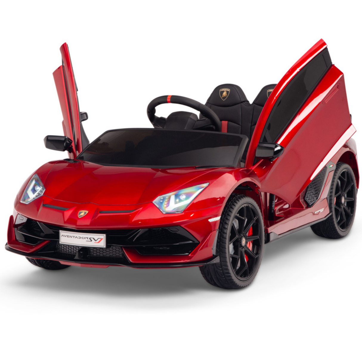 The Burgundy Red 12V Lamborghini SVJ Sport Kids Licensed 1 Seater Ride On Car features open scissor doors, detailed headlights, black-and-red rubber wheels, sleek design, and a visible steering wheel. It includes a remote control for fun and safety.