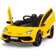 A Yellow 12V Lamborghini SVJ Sport Kids Licensed Ride-On Car features open scissor doors, black accents, detailed front lights, sleek design, black rubber wheels, and a steering wheel inside.