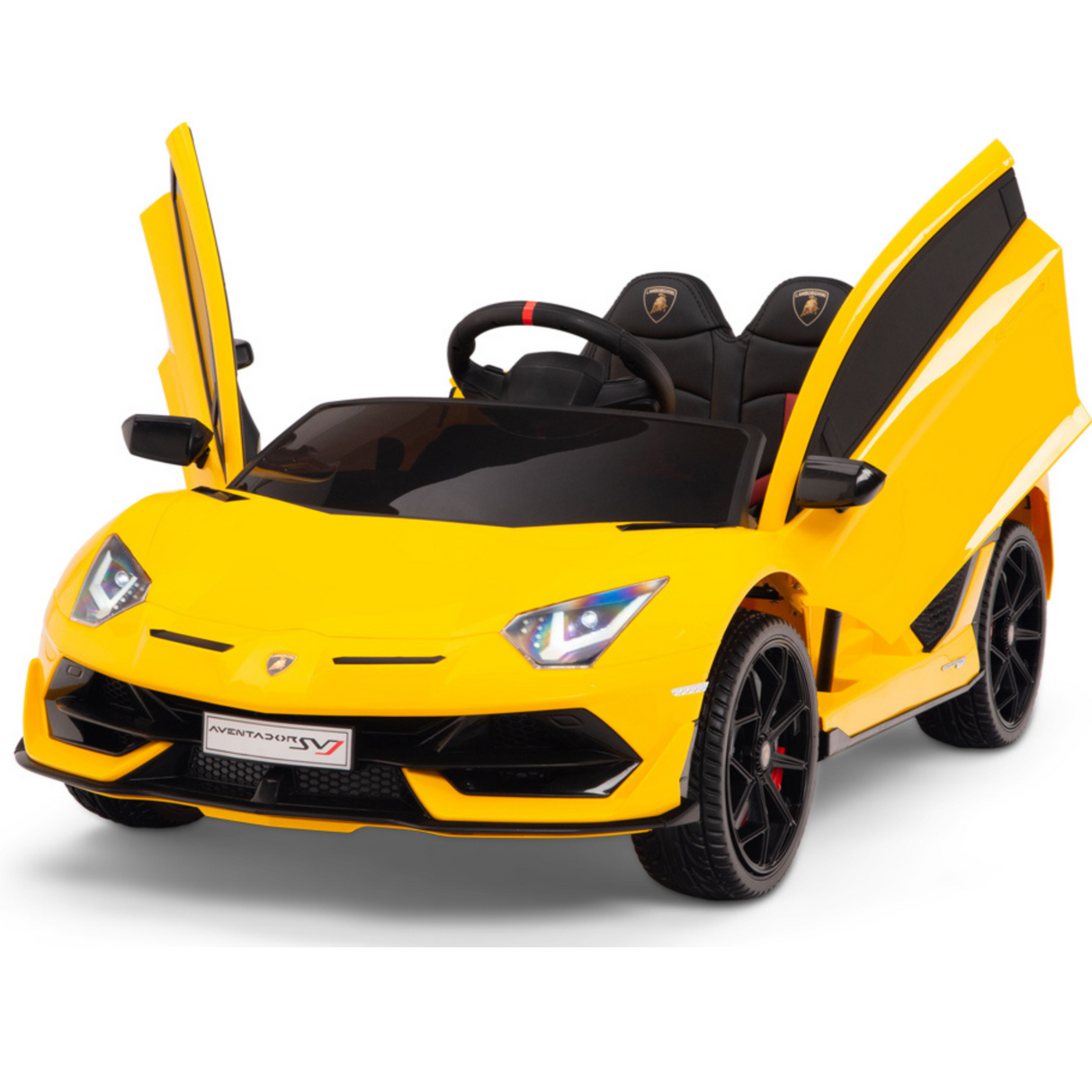 A Yellow 12V Lamborghini SVJ Sport Kids Licensed Ride-On Car features open scissor doors, black accents, detailed front lights, sleek design, black rubber wheels, and a steering wheel inside.