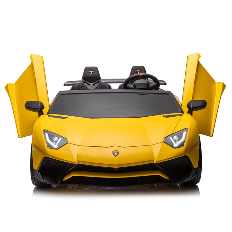 The Yellow 24V/180W Lamborghini SV Limited XXL Edition ride-on toy boasts open scissor doors, luxurious eco-leather black seats, and detailed front lights. With a sleek yellow design and up to 10MPH speed, its perfect for children; showcased frontally on a pristine white background.