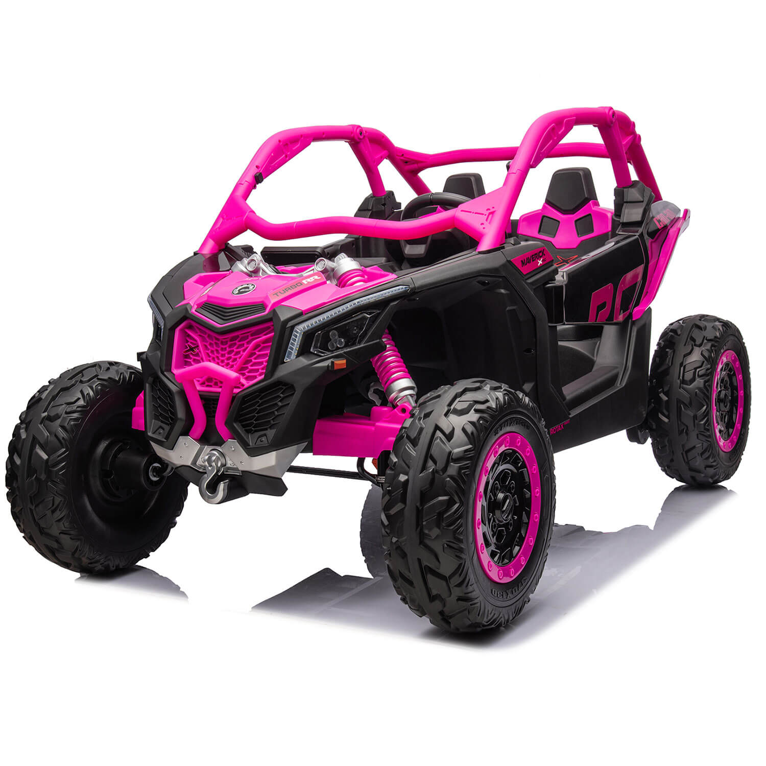 The Rose 2x24V/4WD Official Can-Am Maverick Ride on Buggy, LX Performance Edition flaunts a vibrant pink and black color scheme with large tires, a sporty design, prominent roll bars, and aggressive styling suitable for adventurous terrain.