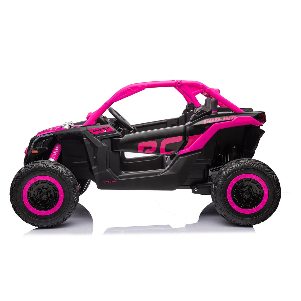 Introducing the Rose 2x24V/4WD Official Can-Am Maverick Ride on Buggy, LX Performance: a black and pink toy off-road vehicle with rugged design, visible suspension springs, large tires, open-frame body, and vibrant pink accents. Experience the thrill of this 2-seater ride!.
