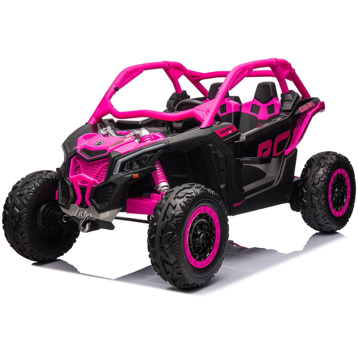The Rose 2x24V/2WD Official Can-Am Maverick Ride on Buggy, LX Performance, is a black and pink kids ride-on inspired by the Can-Am Maverick design. It features large rugged tires, a sturdy roll cage, and RC on its side as it sits against a white background.