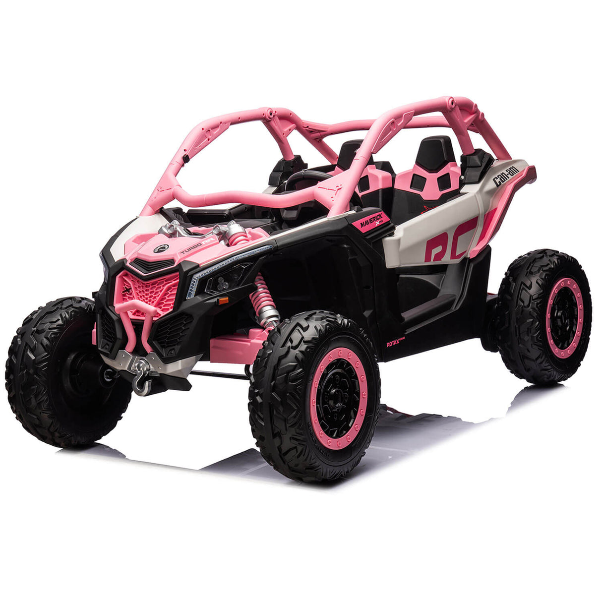 This Pink 2x24V/2WD Official Can-Am Maverick Ride on Buggy, LX Performance, resembles a mini Dakar champion dune buggy with large tires and detailed features, including a seat harness and roll cage. Its strikingly branded and positioned on a white surface.