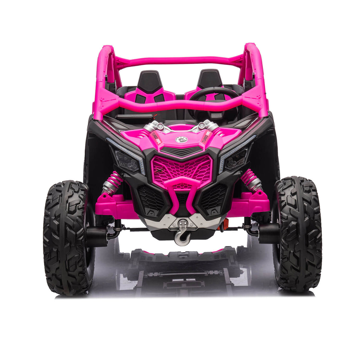 The Rose 2x24V/4WD Official Can-Am Maverick Ride on Buggy, LX Performance, is shown front view with large black tires and a rugged design, featuring two seats, a roll cage, and a unique bumper ideal for adventurous childrens play.