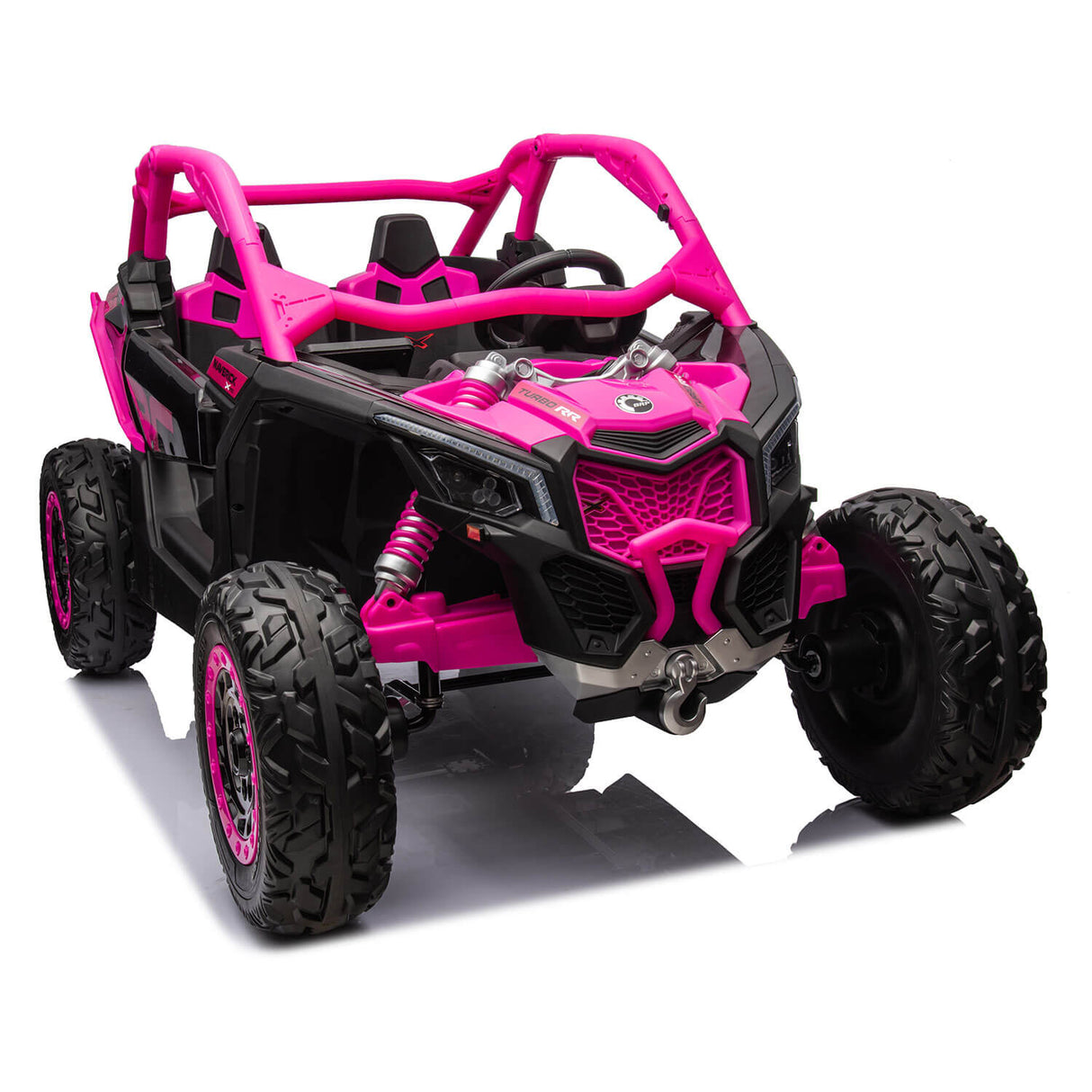 The Rose 2x24V/2WD Official Can-Am Maverick Ride on Buggy, LX Performance, is a pink and black kids ride-on with four large wheels, a sturdy roll cage, realistic headlights, and suspension springs for an adventurous off-road experience.