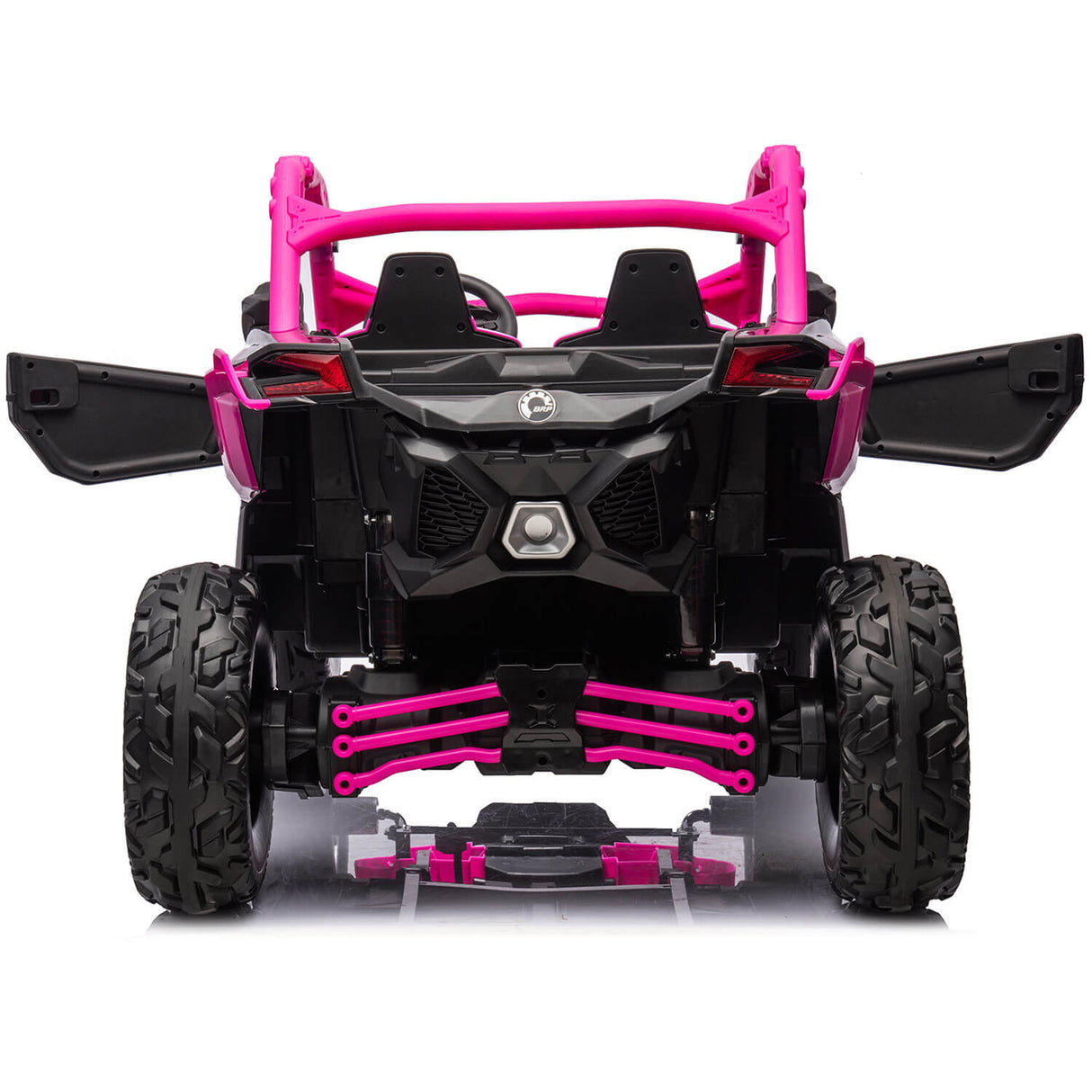 The rear view of the Rose 2x24V/2WD Official Can-Am Maverick LX Performance ride-on buggy features large tires, open doors, and a sturdy frame with suspension. This kids off-road vehicle offers a realistic rugged appearance.