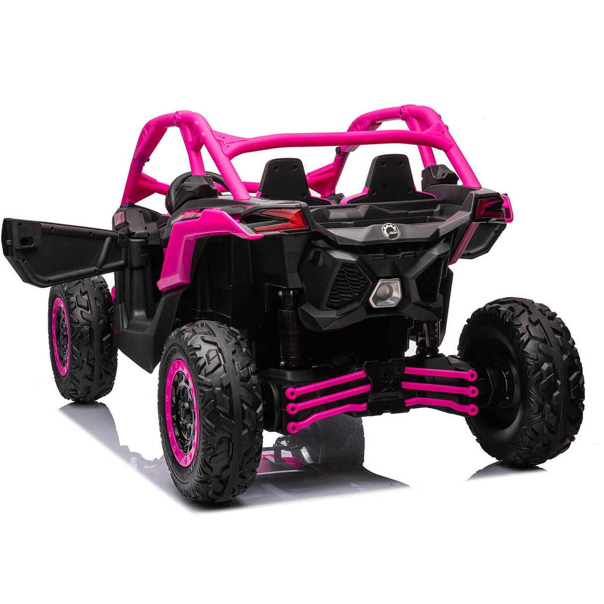 The Rose 2x24V/2WD Official Can-Am Maverick Ride on Buggy, LX Performance features oversized wheels and an open cabin with a bold pink roll cage and trim. Its sporty design is enhanced by an open side door, echoing the iconic style of a pint-sized Can-Am Maverick.