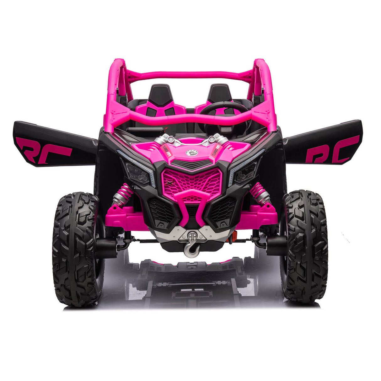 The Rose 2x24V/2WD Official Can-Am Maverick Ride on Buggy, LX Performance, is a vibrant pink and black kids ride-on with large rugged tires, two seats, a roll cage, and detailed front styling that mimics an off-road adventure vehicle.