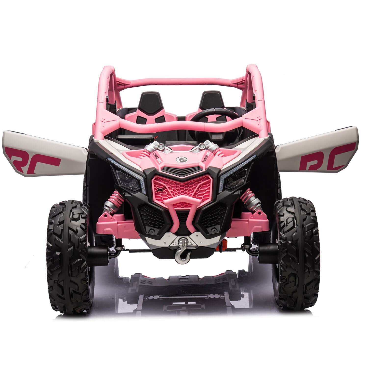 The Pink 2x24V/4WD Official Can-Am Maverick Ride on Buggy, LX Performance, is a pink and black toy off-road vehicle with large rugged tires, detailed front, roll cage, and side mirrors. This realistic 2-seater delivers a sporty thrill for young adventurers.