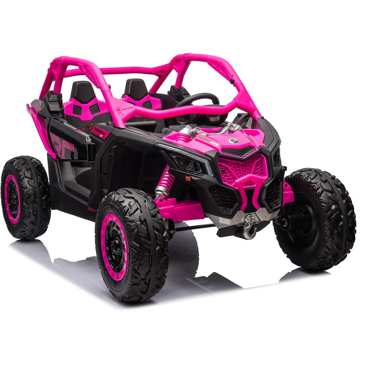 The Rose 2x24V/2WD Official Can-Am Maverick Ride-on Buggy, LX Performance is a vibrant pink and black kids vehicle with large wheels and an open frame. It features realistic details like suspension springs and a detailed front grille, capturing the rugged essence of an all-terrain Can-Am Maverick.