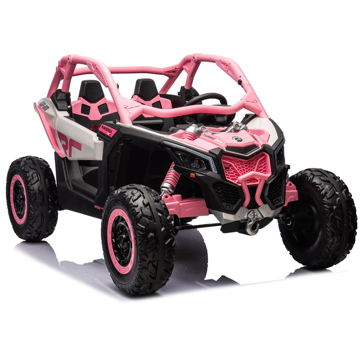 The Pink 2x24V/2WD Official Can-Am Maverick Ride-on Buggy, LX Performance is a rugged off-road toy with large tires, roll cage, front grill, and detailed suspension. It has two seats for immersive playtime adventures as children imagine themselves as Dakar champions.