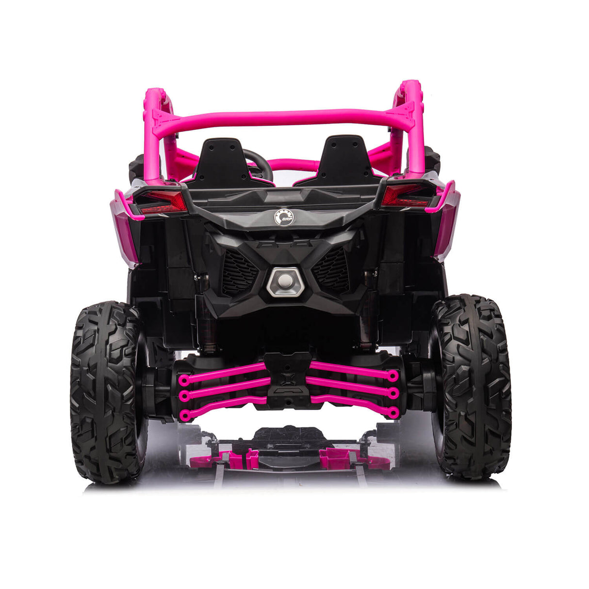 The rear view of the Rose 2x24V/2WD Official Can-Am Maverick Ride-On Buggy, LX Performance shows large rugged tires, a visible suspension system, roll cage, and detailed design elements in black and pink against a plain white background.