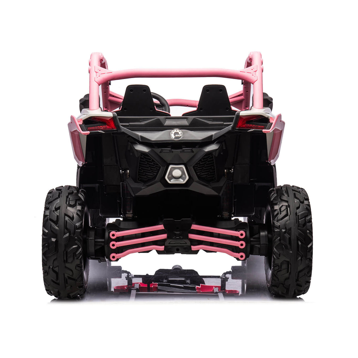 The Pink 2x24V/2WD Official Can-Am Maverick Ride-on Buggy, LX Performance showcases a rugged suspension and rear seats, inspired by Dakar champions, with its pink and black design highlighting large tires for adventurous childrens play.