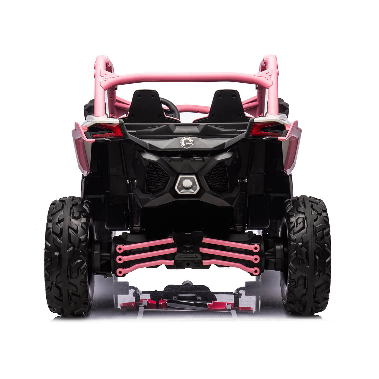 The Pink 2x24V/2WD Official Can-Am Maverick Ride-on Buggy, LX Performance showcases a rugged suspension and rear seats, inspired by Dakar champions, with its pink and black design highlighting large tires for adventurous childrens play.