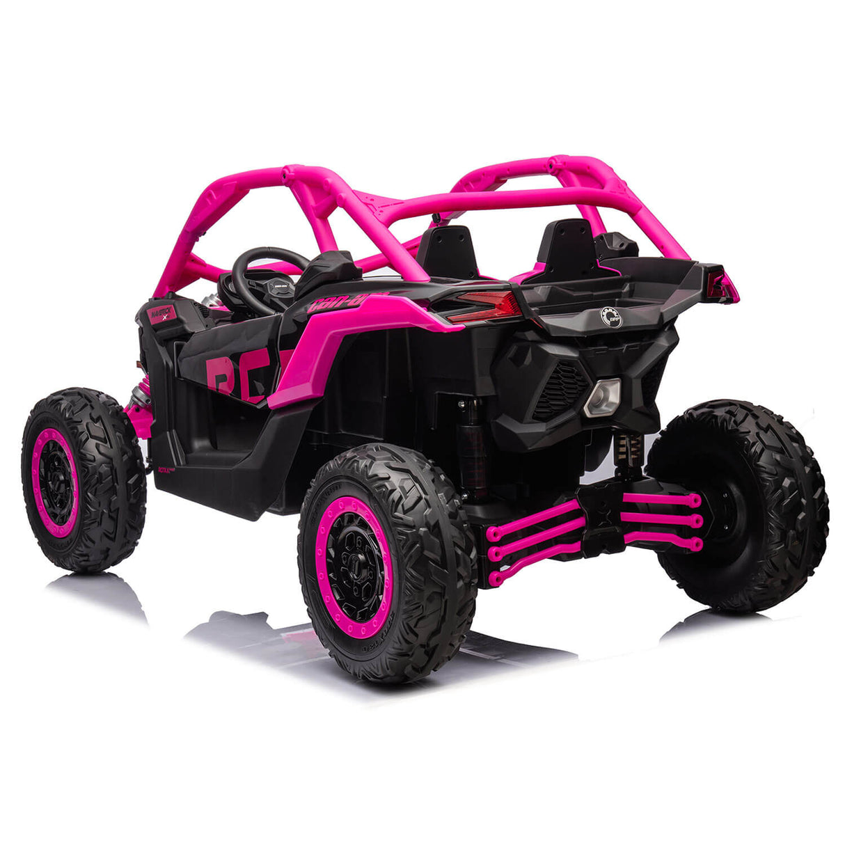 A Rose 2x24V/2WD Official Can-Am Maverick Ride on Buggy, LX Performance in pink and black features a roll cage, large tires, visible suspension, two seats, a steering wheel, and headlights—showcased at an angle to emphasize its rugged design.