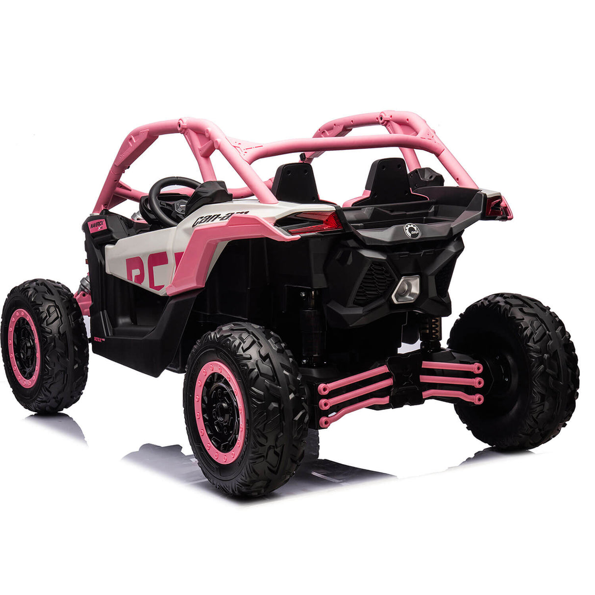 The Pink 2x24V/2WD Official Can-Am Maverick Ride on Buggy, LX Performance, features large textured tires, a steering wheel, twin seats, roll bars, and detailed suspension components—perfect for conquering rugged terrain like a miniature Dakar champions vehicle.