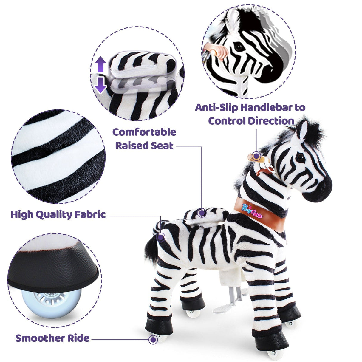 Toddlers Indoor/Outdoor Ride-On Zebra with Cushioned Seat, Anti-Slip Wheels (Ages 4–7)