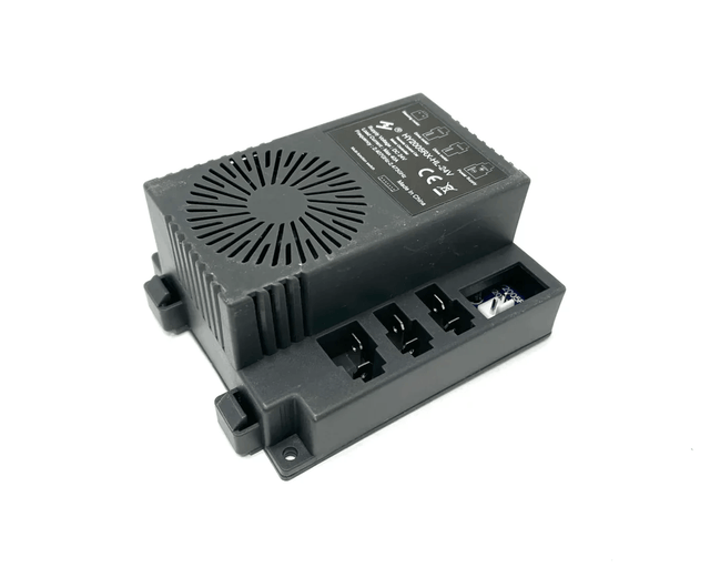 The New Version 24V Receiver for Unimog UTV is a black, rectangular electronic component with vented design, connection slots, white printed specs, and base mounting brackets, ensuring seamless compatibility and enhanced performance.