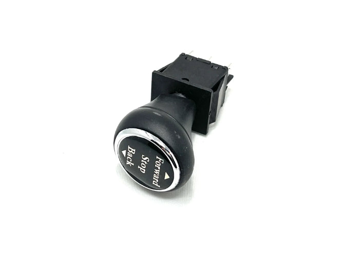 A black control switch with a rounded knob from the Enhance Your Ride with a 2 Seater Mercedes GLC Shifter is on a white background. The knob shows Forward and Stop, and the rectangular base has metal contacts for connection.