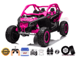 Introducing the Rose 2x24V/4WD Official Can-Am Maverick Ride on Buggy, LX Performance in pink and black with large EVA rubber wheels, two leather seats, and a roll cage. Features include remote control and licensed badges confirming its an official 2 seater model.