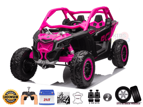 Introducing the Rose 2x24V/4WD Official Can-Am Maverick Ride on Buggy, LX Performance in pink and black with large EVA rubber wheels, two leather seats, and a roll cage. Features include remote control and licensed badges confirming its an official 2 seater model.