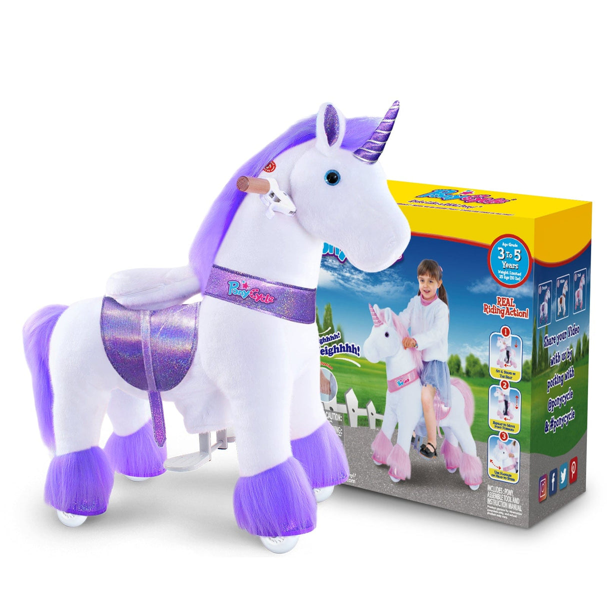 Toddlers Purple Indoor/Outdoor Ride-On Pony with Cushioned Seat, Anti-Slip Wheels (Ages 3–4)