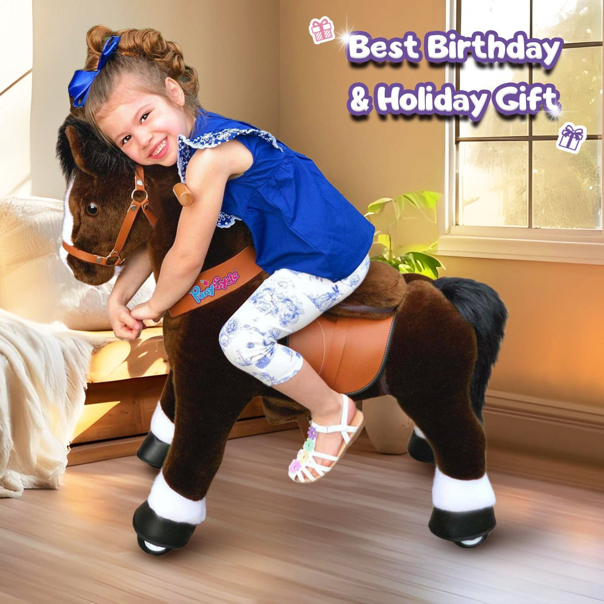 Toddlers Chocolate Indoor/Outdoor Ride-On Pony with Cushioned Seat, Anti-Slip Wheels (Ages 4–7)