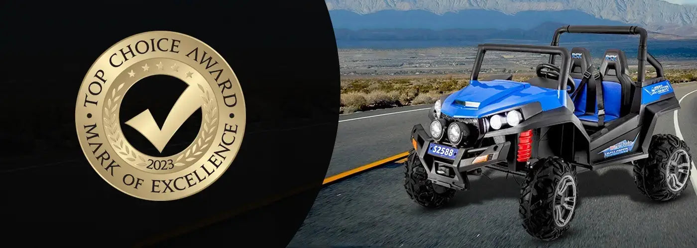 Award emblem with Top Choice Award, Mark of Excellence 2023 on the left. On the right, a blue off-road vehicle with a rugged design is parked on a road against a desert landscape backdrop.