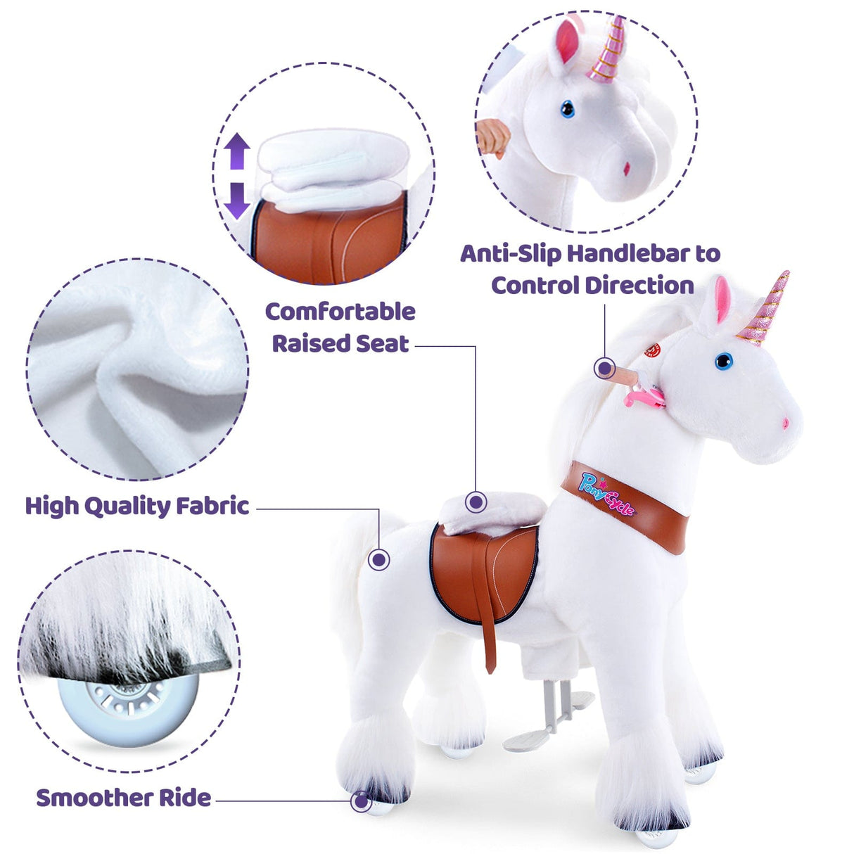 Toddlers White Indoor/Outdoor Ride-On Pony with Cushioned Seat, Anti-Slip Wheels (Ages 3–4)