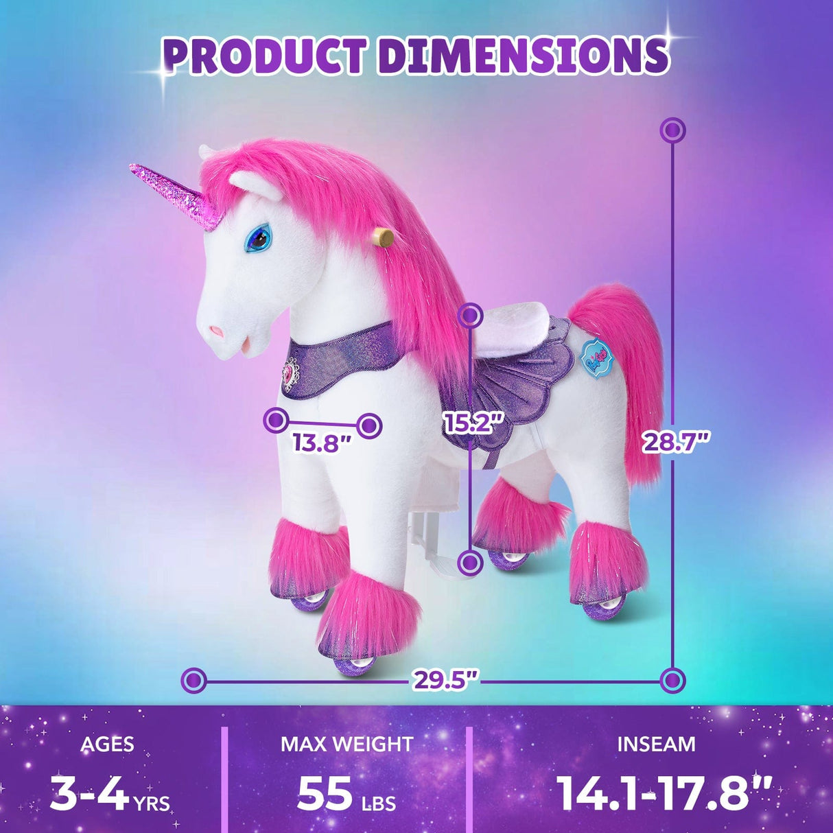 Toddlers Indoor/Outdoor Pink Ride-On Unicorn with Cushioned Seat, Anti-Slip Wheels (Ages 3–4)